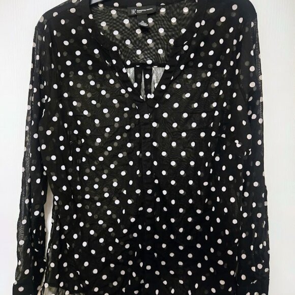INC International Concepts black and white polka dot sheer L/S‎ blouse 1X - Picture 1 of 5